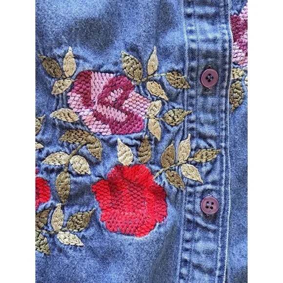 Vtg Bill Blass Womens 3X Embroidered Denim Shirt Button-Up Cotton Floral Boho - Picture 2 of 9